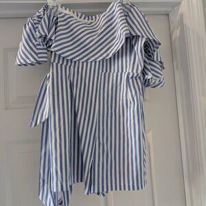 Blue & White Striped Belted Romper